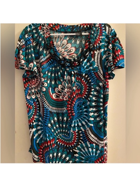 R.Q.T Tops - Floral-Print Cowl Neck Women’s Top - Teal, Red & Blue- Sz Large